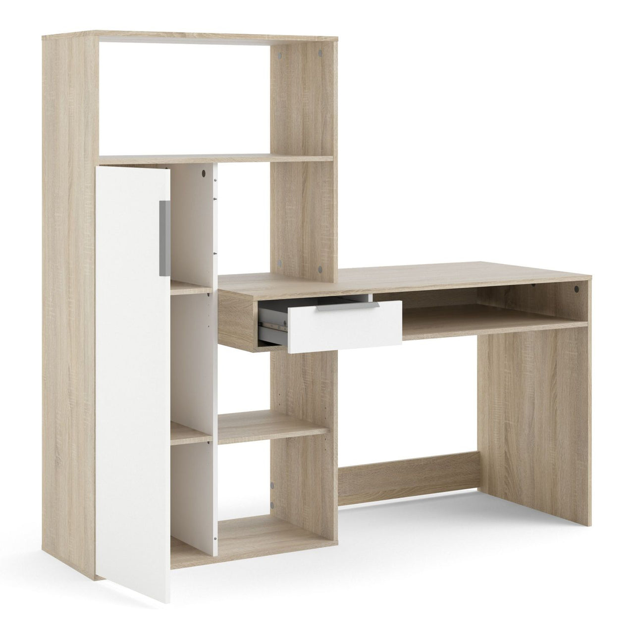 Function Plus Desk multifunctional Desk with Drawer and 1 Door in White and Oak