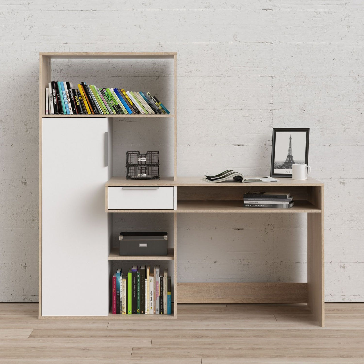 Function Plus Desk multifunctional Desk with Drawer and 1 Door in White and Oak