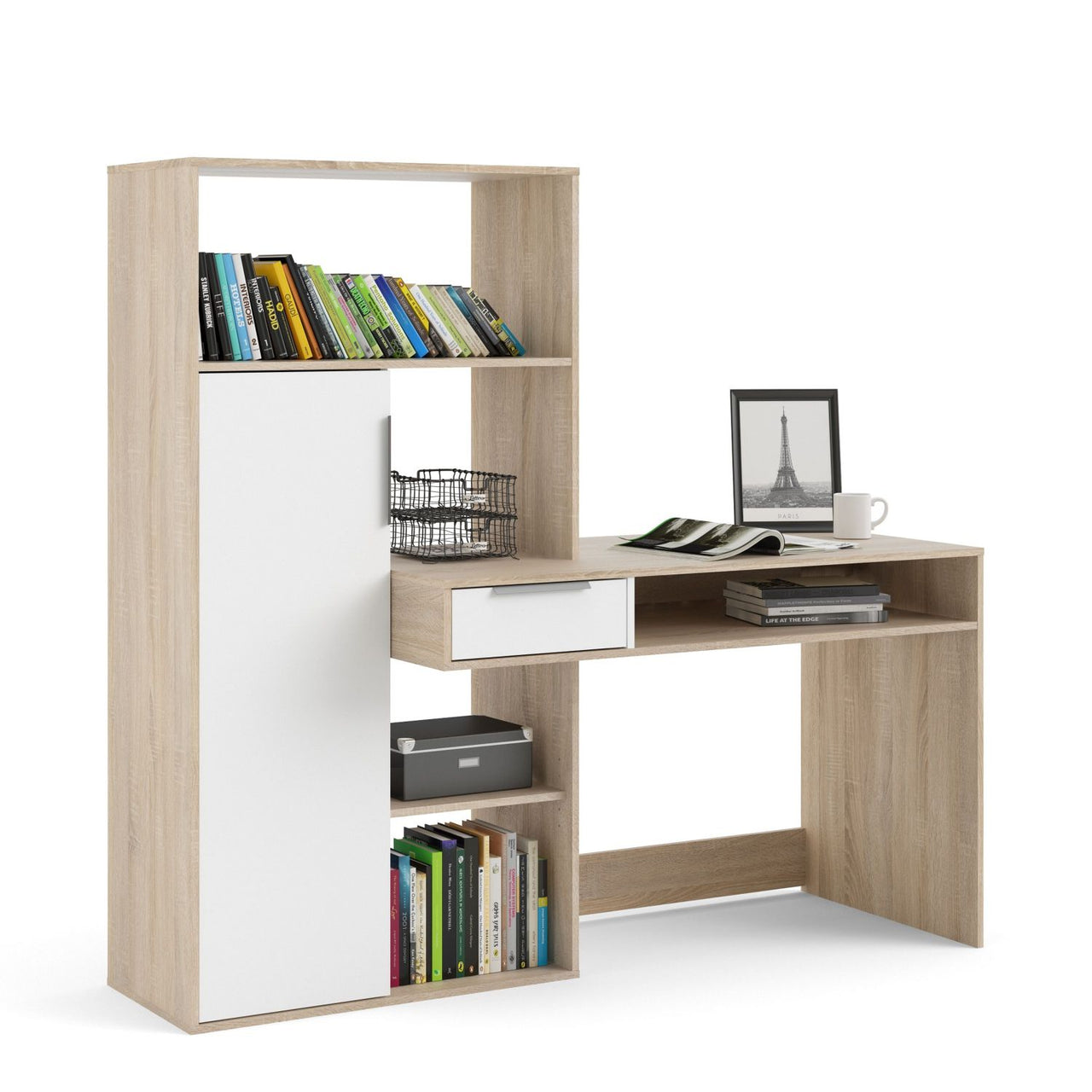 Function Plus Desk multifunctional Desk with Drawer and 1 Door in White and Oak