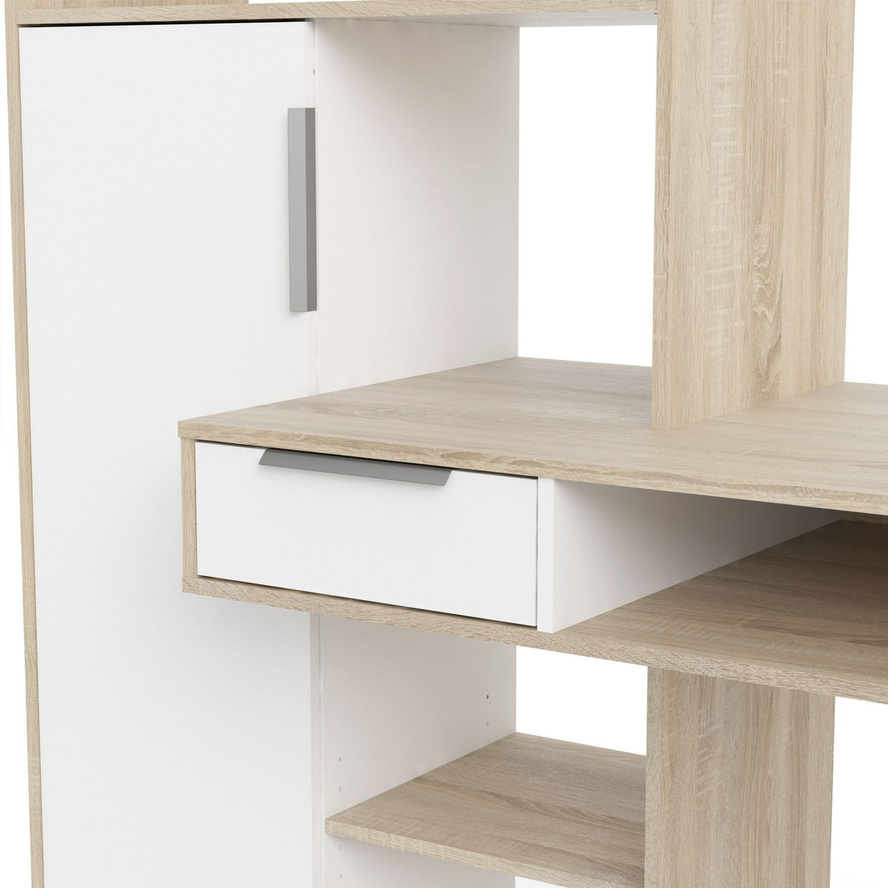 Function Plus Desk multifunctional Desk with Drawer and 1 Door in White and Oak