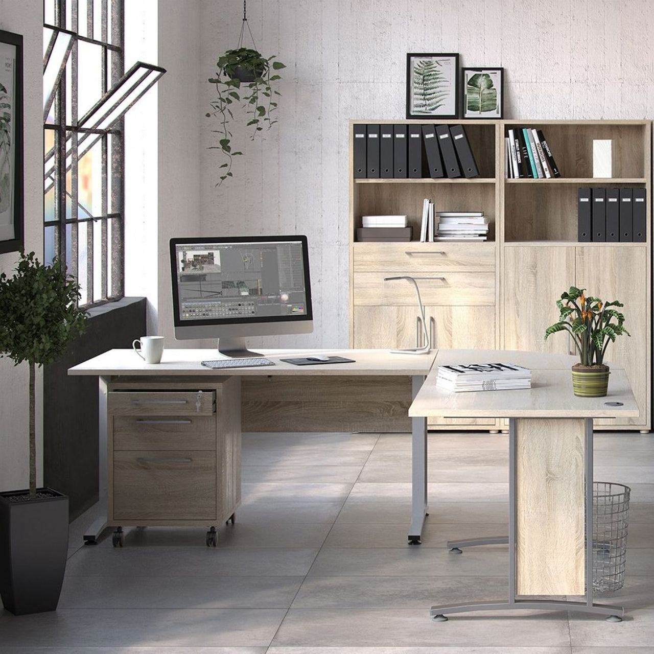 Traditional Oak Top Office Desk With White Height Adjustable Steel Legs