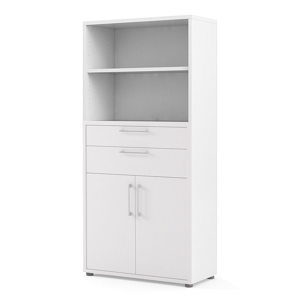 Bookcase 4 Shelves With 2 Drawers and 2 Doors in White