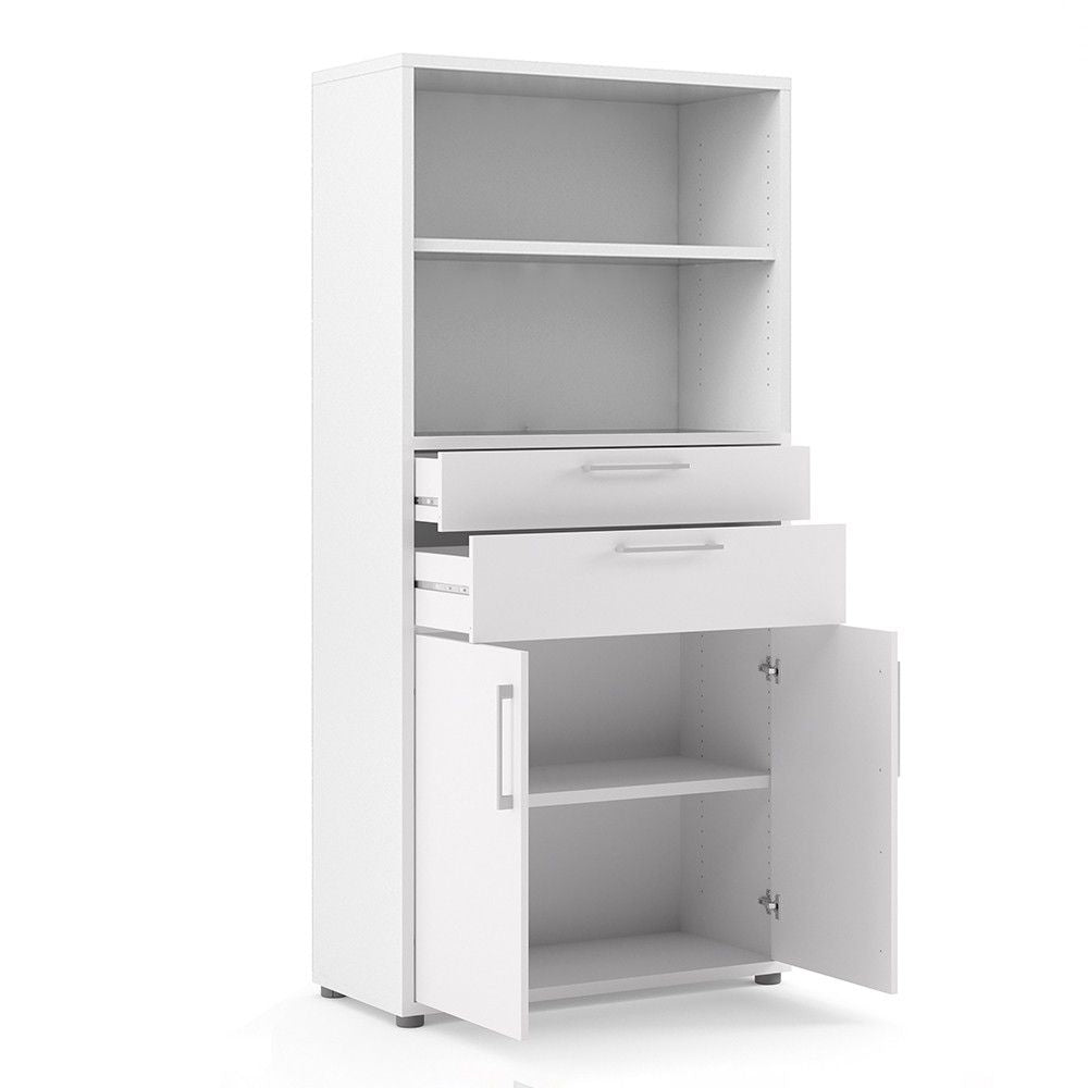 Bookcase 4 Shelves With 2 Drawers and 2 Doors in White