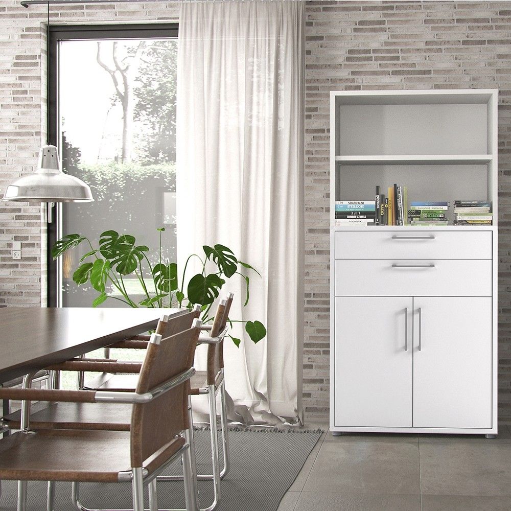 Bookcase 4 Shelves With 2 Drawers and 2 Doors in White