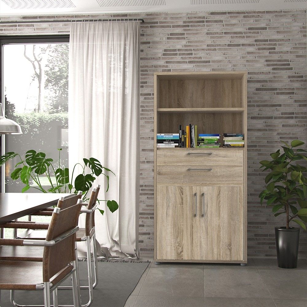 Bookcase 4 Shelves With 2 Drawers and 2 Doors in Oak