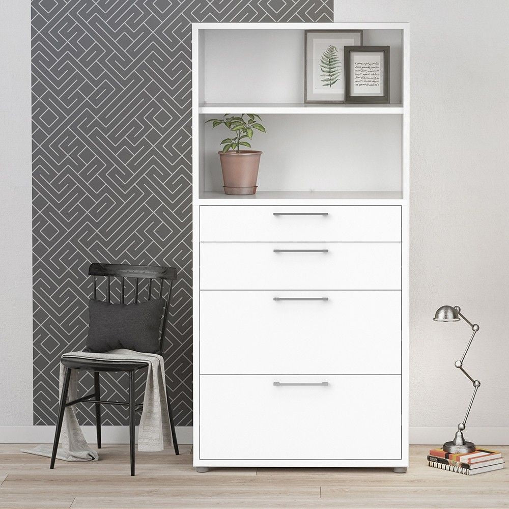 Bookcase 4 Shelves With 2 Drawers + 2 File Drawers in White