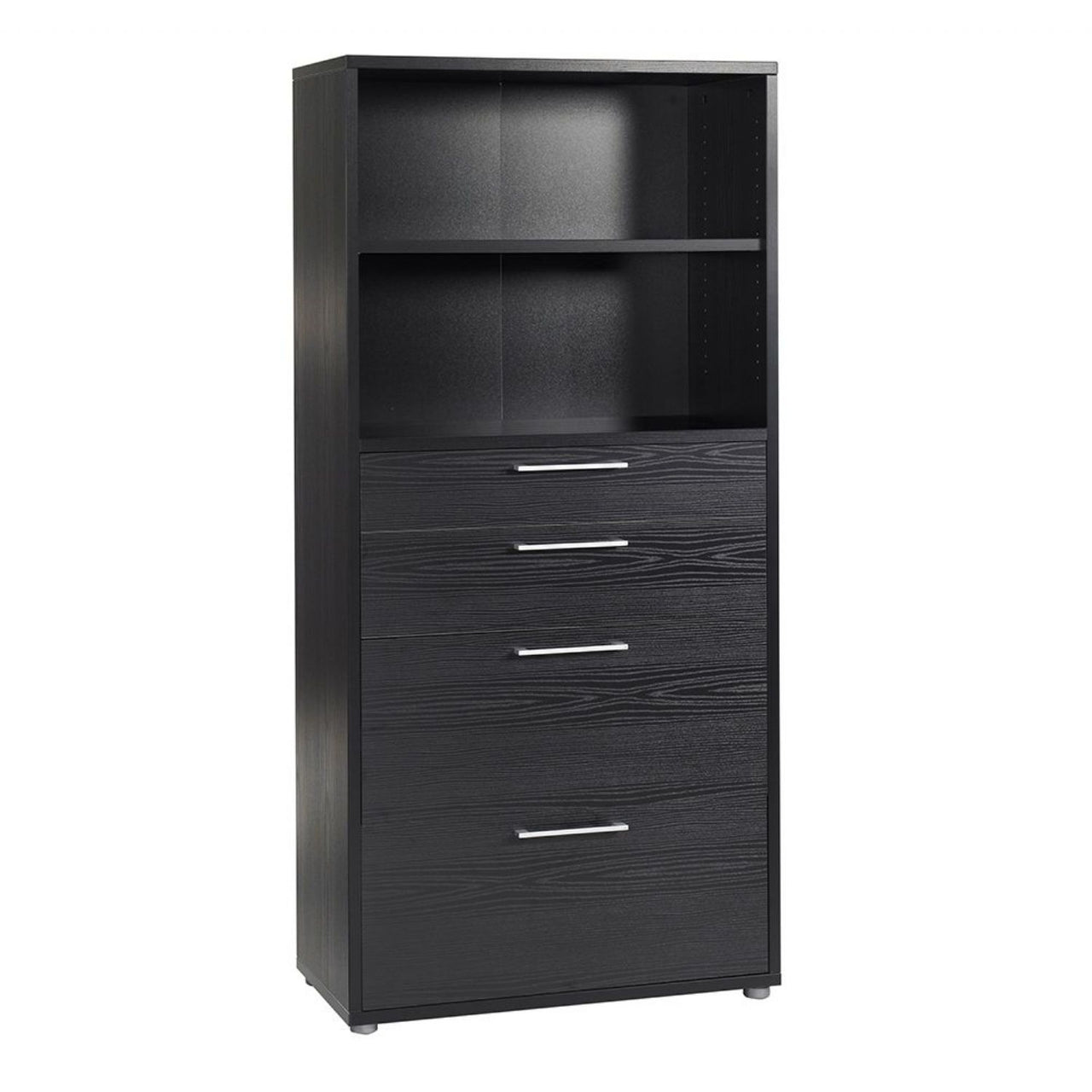 Bookcase 4 Shelves With 2 Drawers 2 File Drawers in Black woodgrain