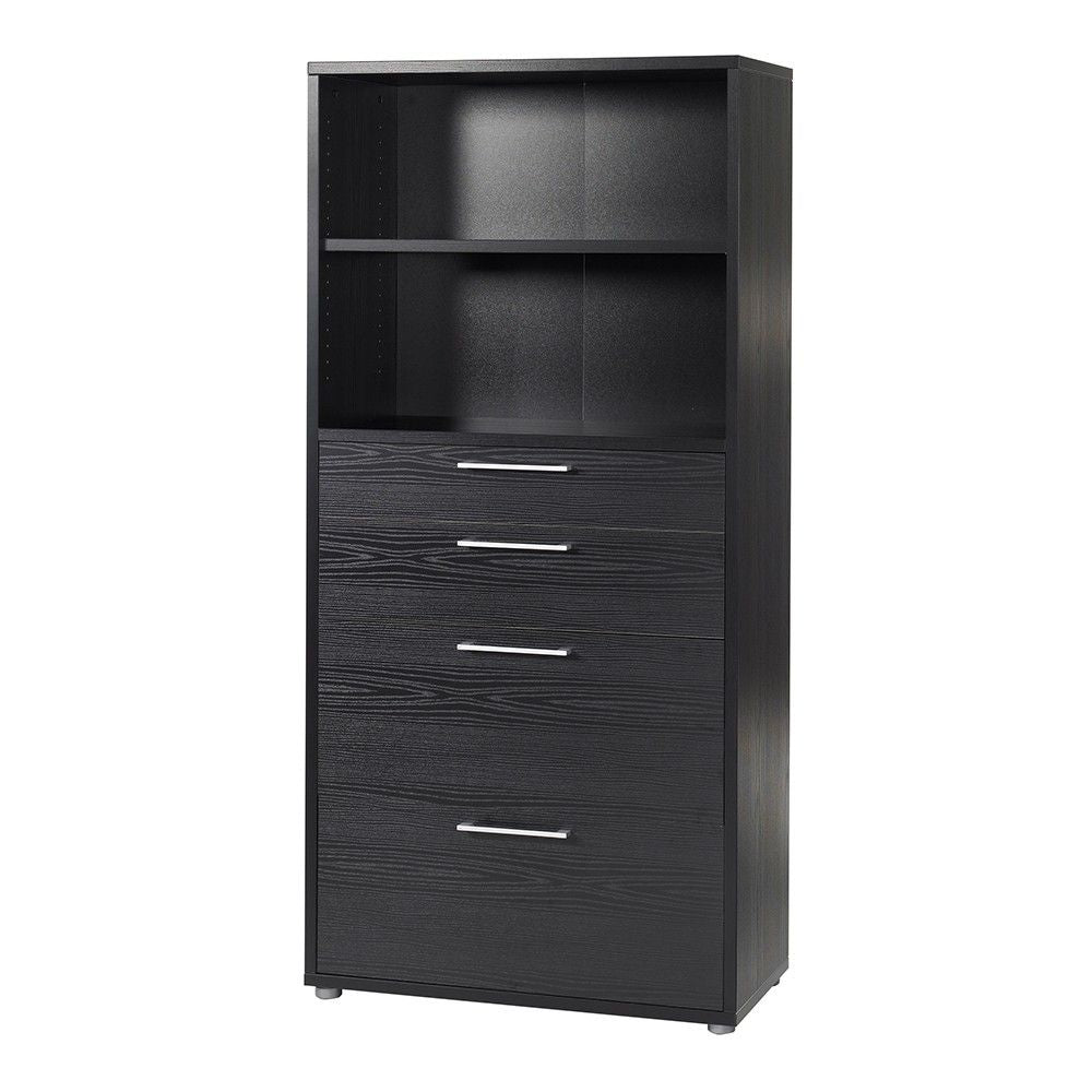 Bookcase 4 Shelves With 2 Drawers 2 File Drawers in Black woodgrain