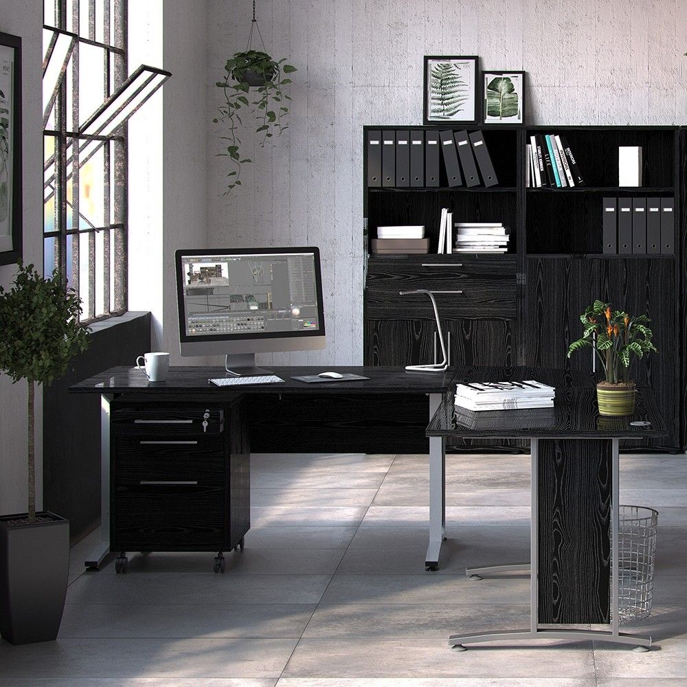 Bookcase 4 Shelves With 2 Drawers 2 File Drawers in Black woodgrain