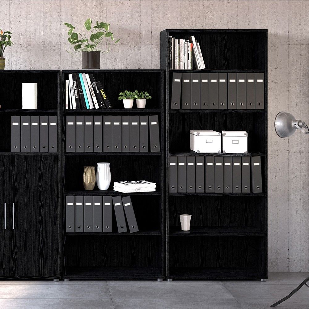 Traditional Tall Black Woodgrain 4 Open Shelf Bookcase