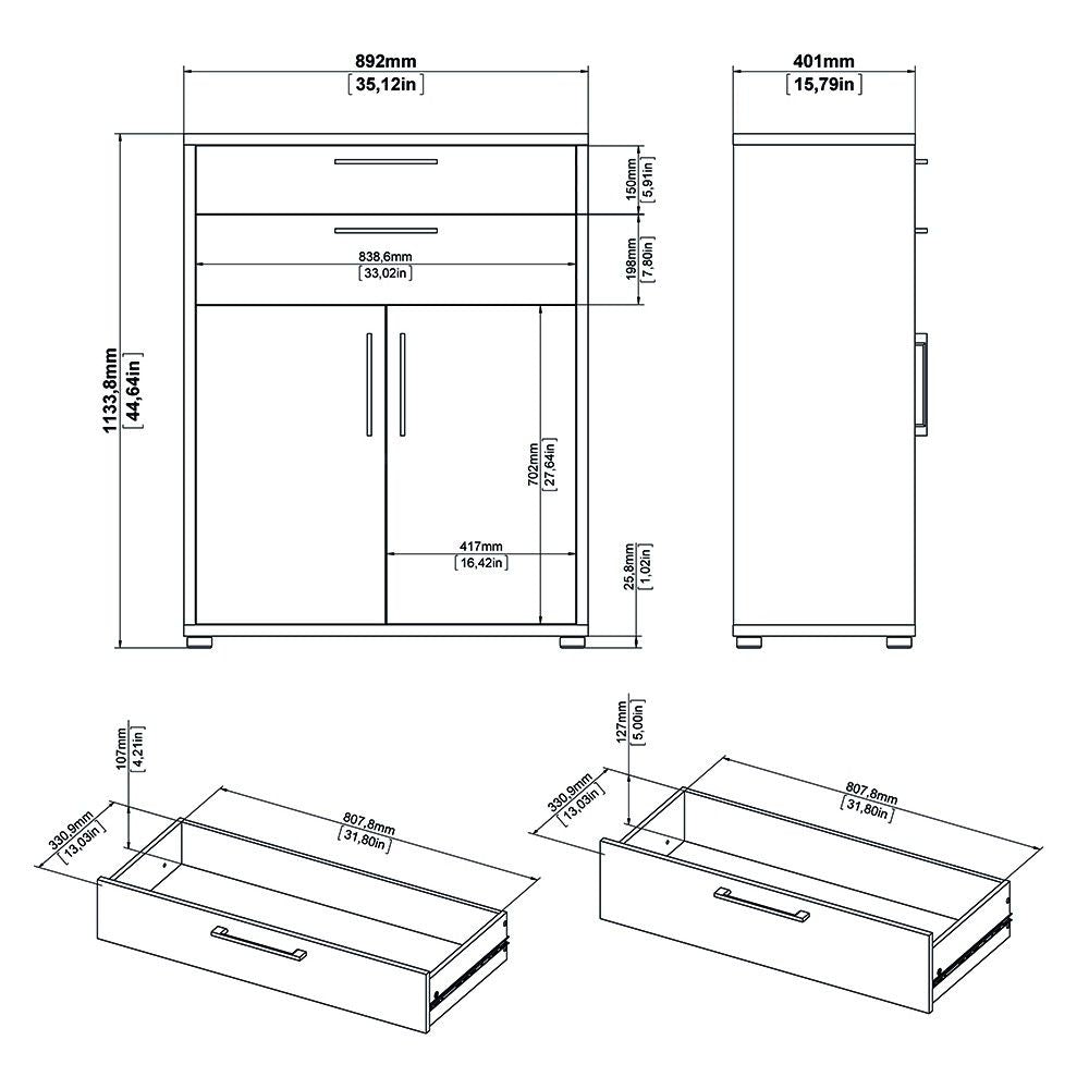 Bookcase 5 Shelves With 2 Drawers and 2 Doors in White