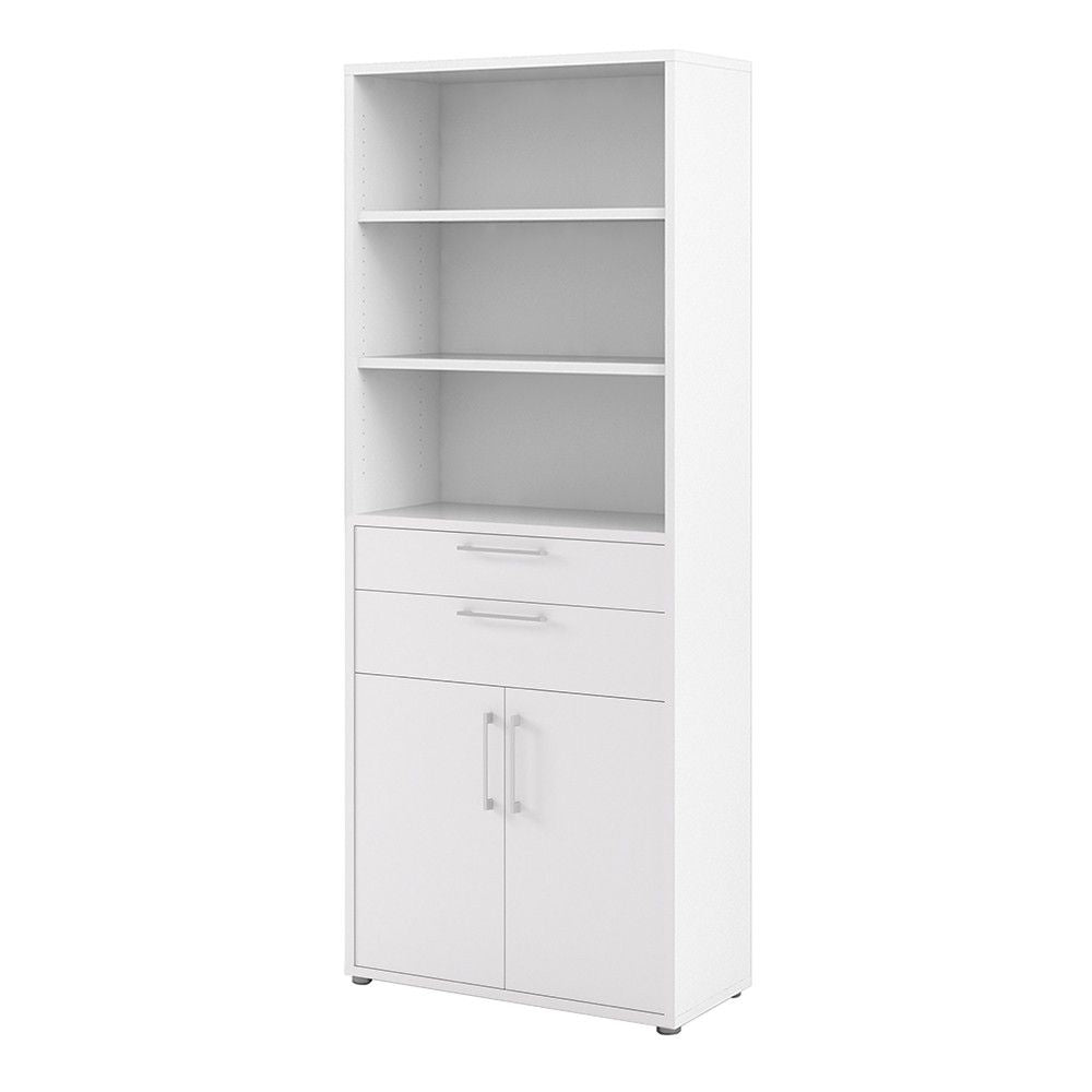 Bookcase 5 Shelves With 2 Drawers and 2 Doors in White