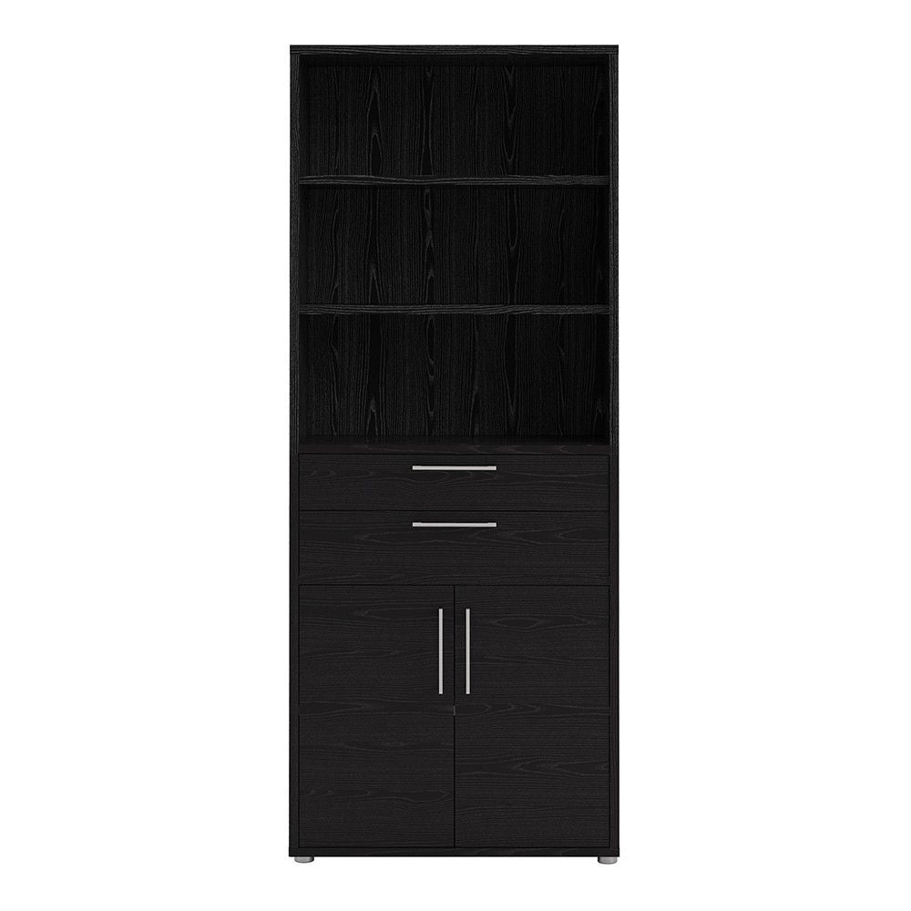 Bookcase 5 Shelves With 2 Drawers and 2 Doors in Black woodgrain