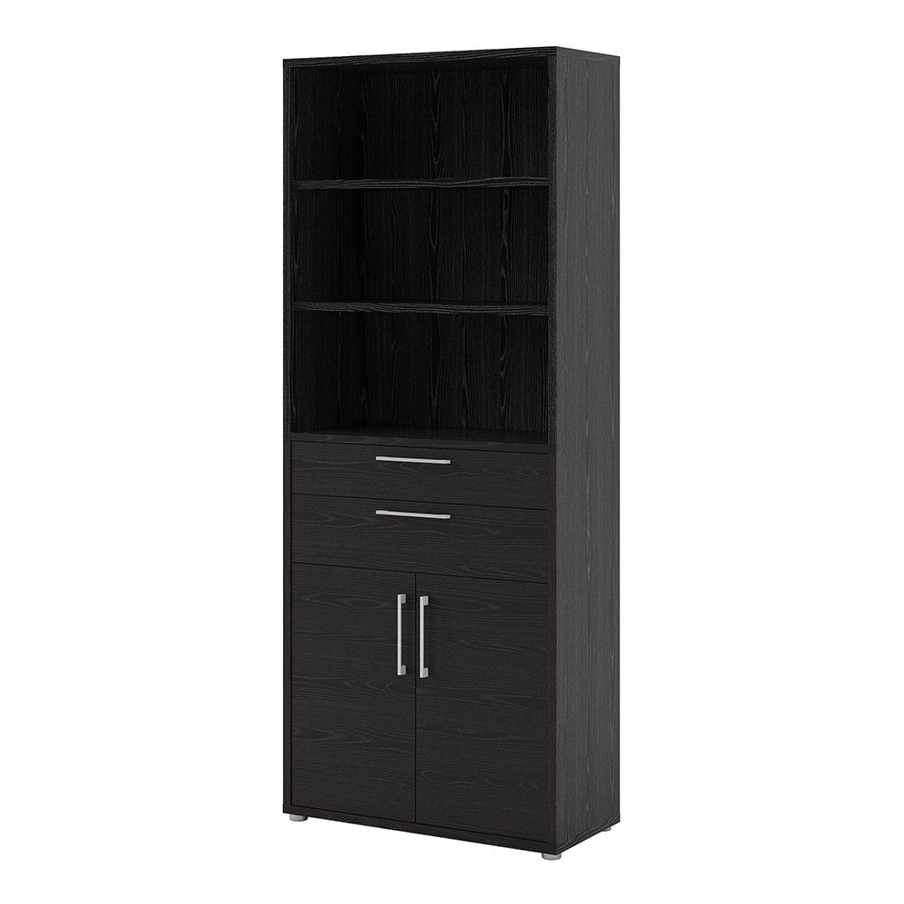 Bookcase 5 Shelves With 2 Drawers and 2 Doors in Black woodgrain