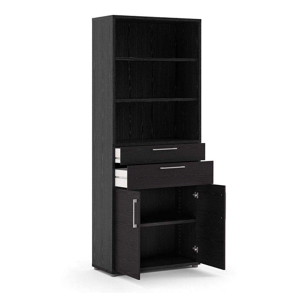 Bookcase 5 Shelves With 2 Drawers and 2 Doors in Black woodgrain