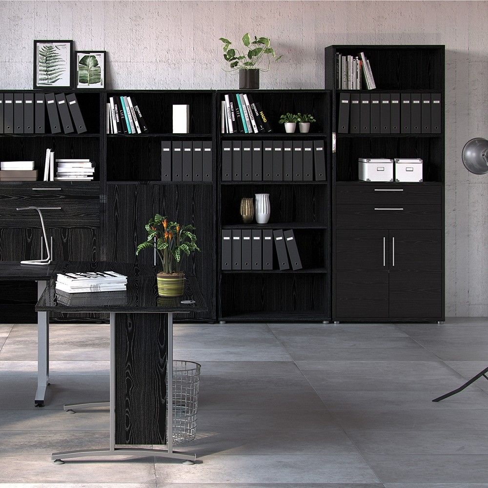 Bookcase 5 Shelves With 2 Drawers and 2 Doors in Black woodgrain