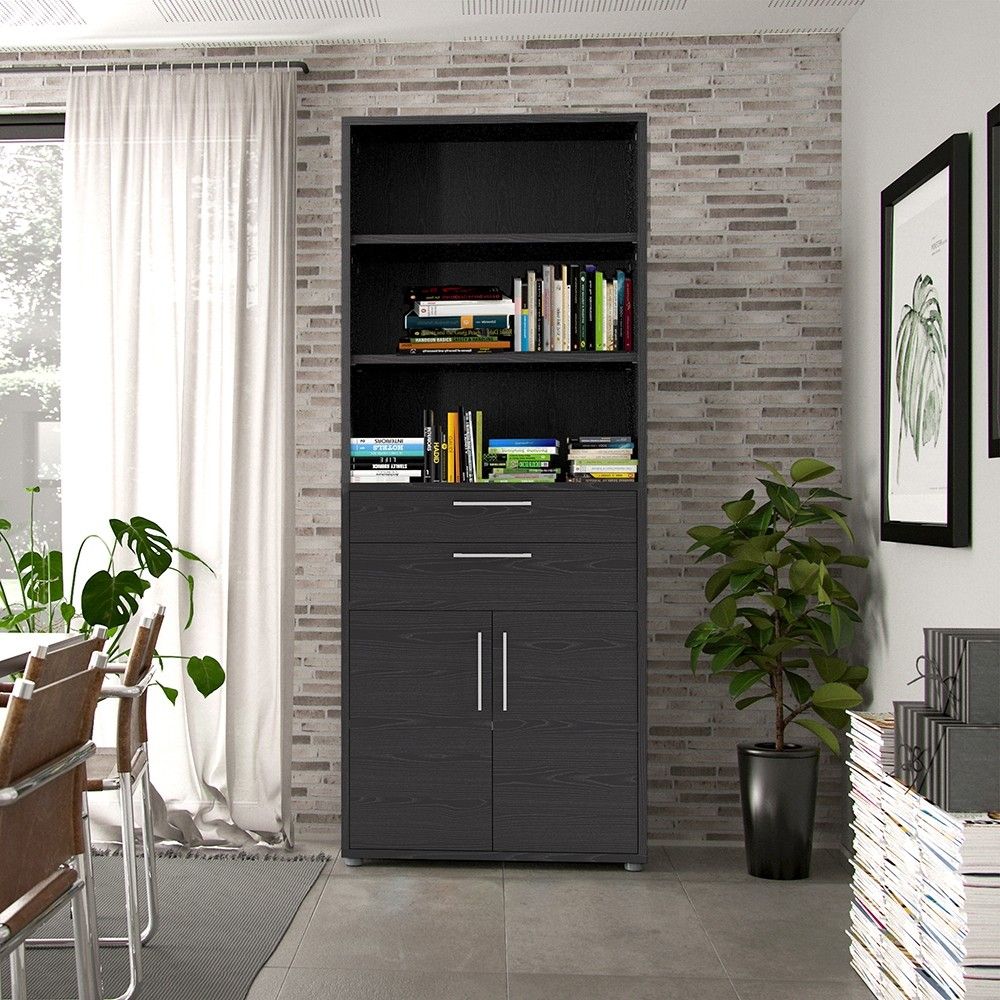 Bookcase 5 Shelves With 2 Drawers and 2 Doors in Black woodgrain