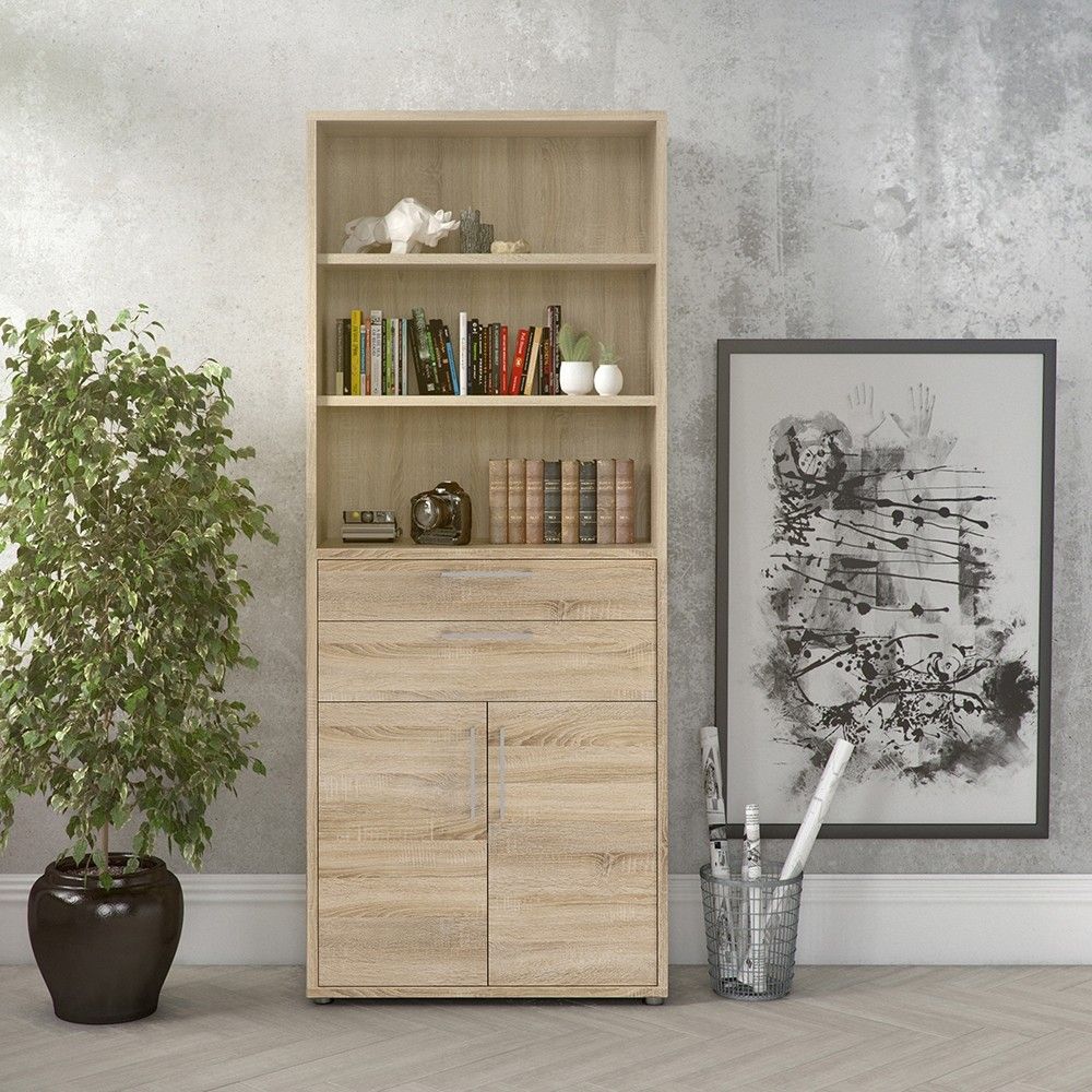 Bookcase 5 Shelves With 2 Drawers and 2 Doors in Oak