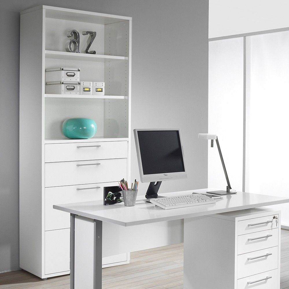 Bookcase 5 Shelves With 2 Drawers + 2 File Drawers in White