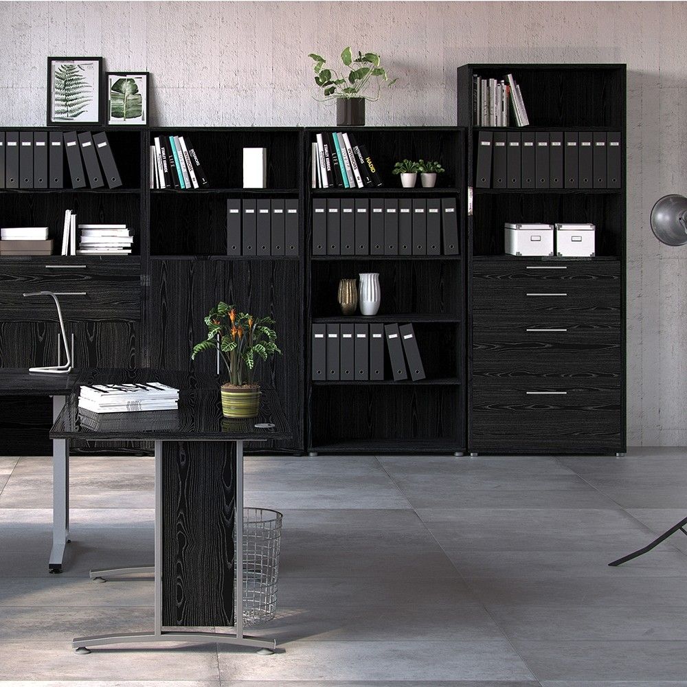 Bookcase 5 Shelves With 2 Drawers 2 File Drawers in Black woodgrain