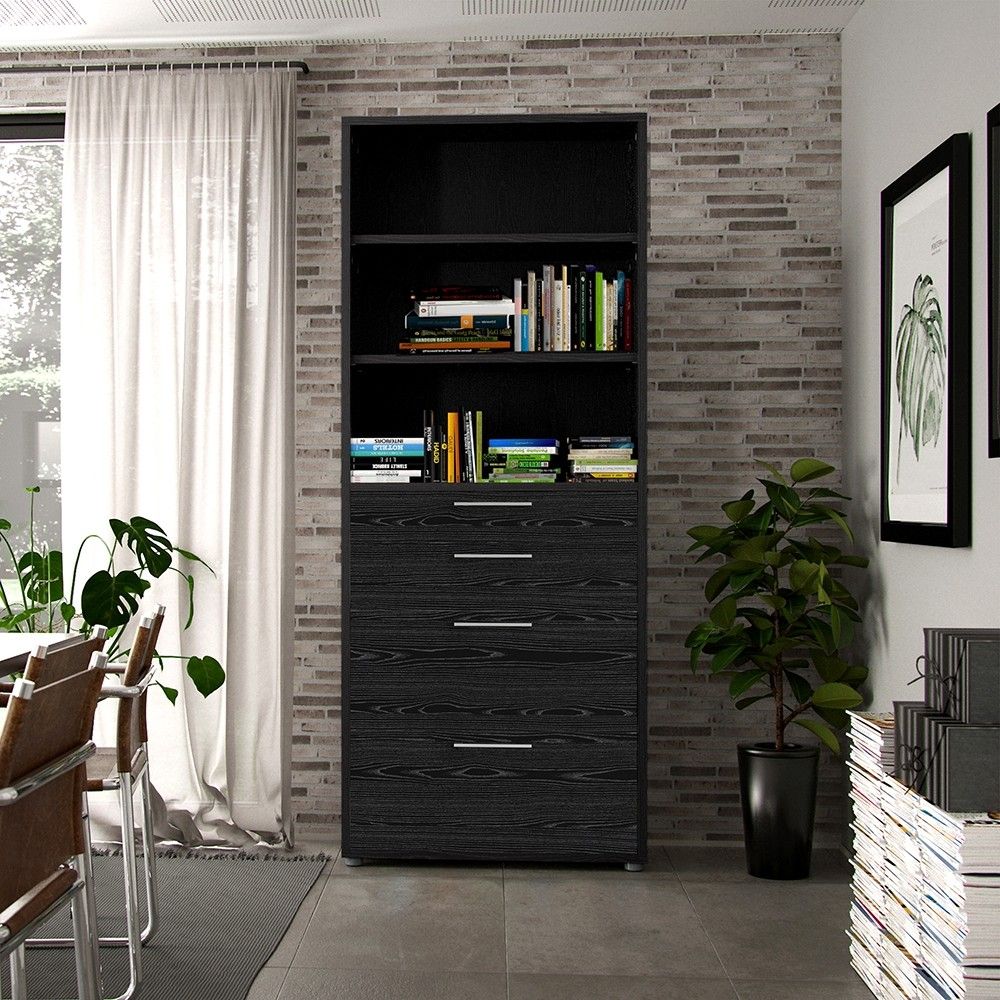 Bookcase 5 Shelves With 2 Drawers 2 File Drawers in Black woodgrain