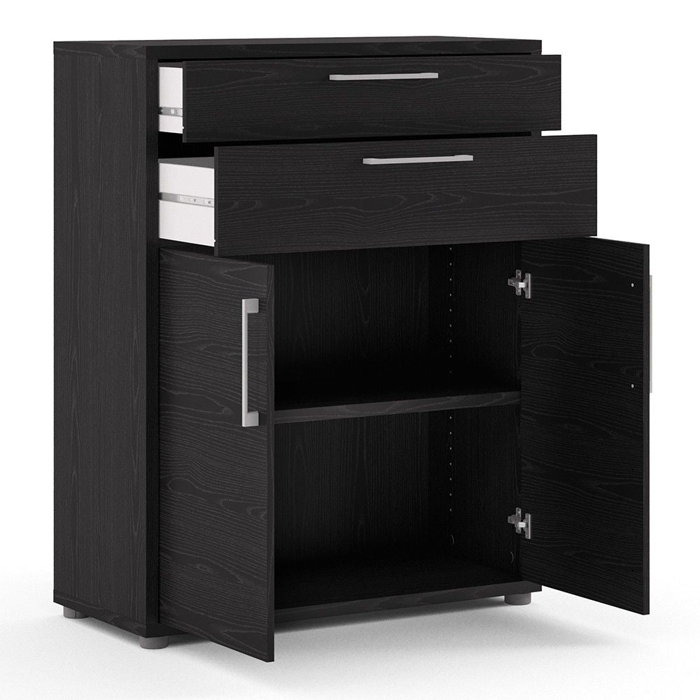 Bookcase 2 Shelves With 2 Drawers and 2 Doors in Black woodgrain