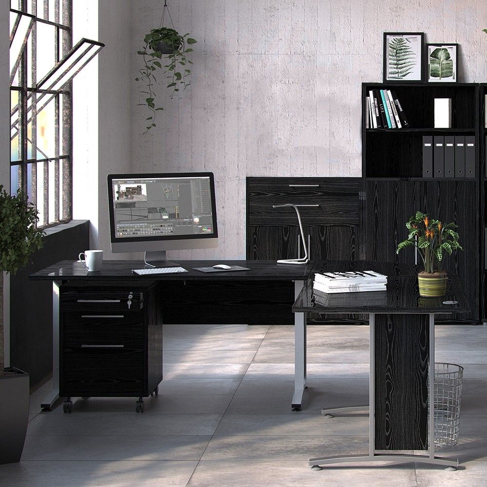 Bookcase 2 Shelves With 2 Drawers and 2 Doors in Black woodgrain