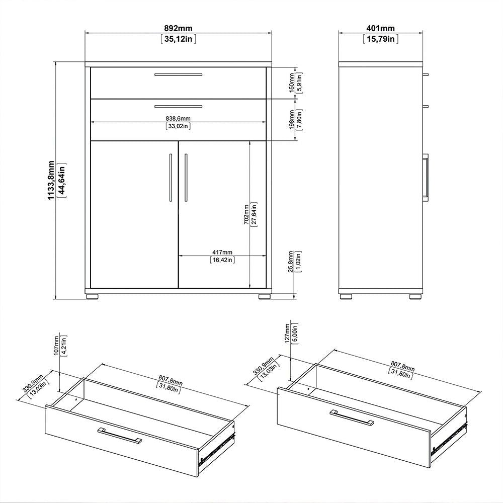 Bookcase 2 Shelves With 2 Drawers and 2 Doors in Black woodgrain