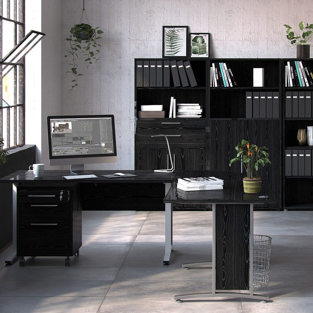 Corner desk top in Black woodgrain With Silver grey steel legs