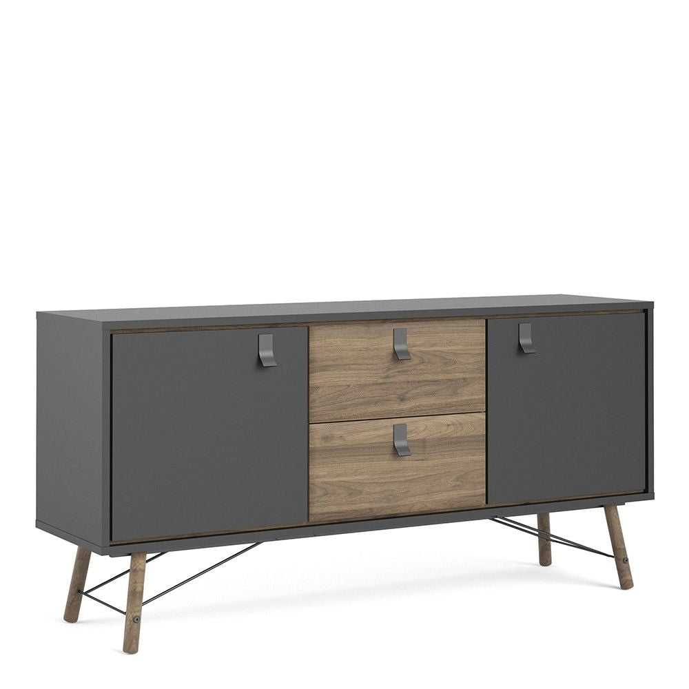 Wide Matt Black Walnut 2 Door 2 Drawer Sideboard With Black Handles