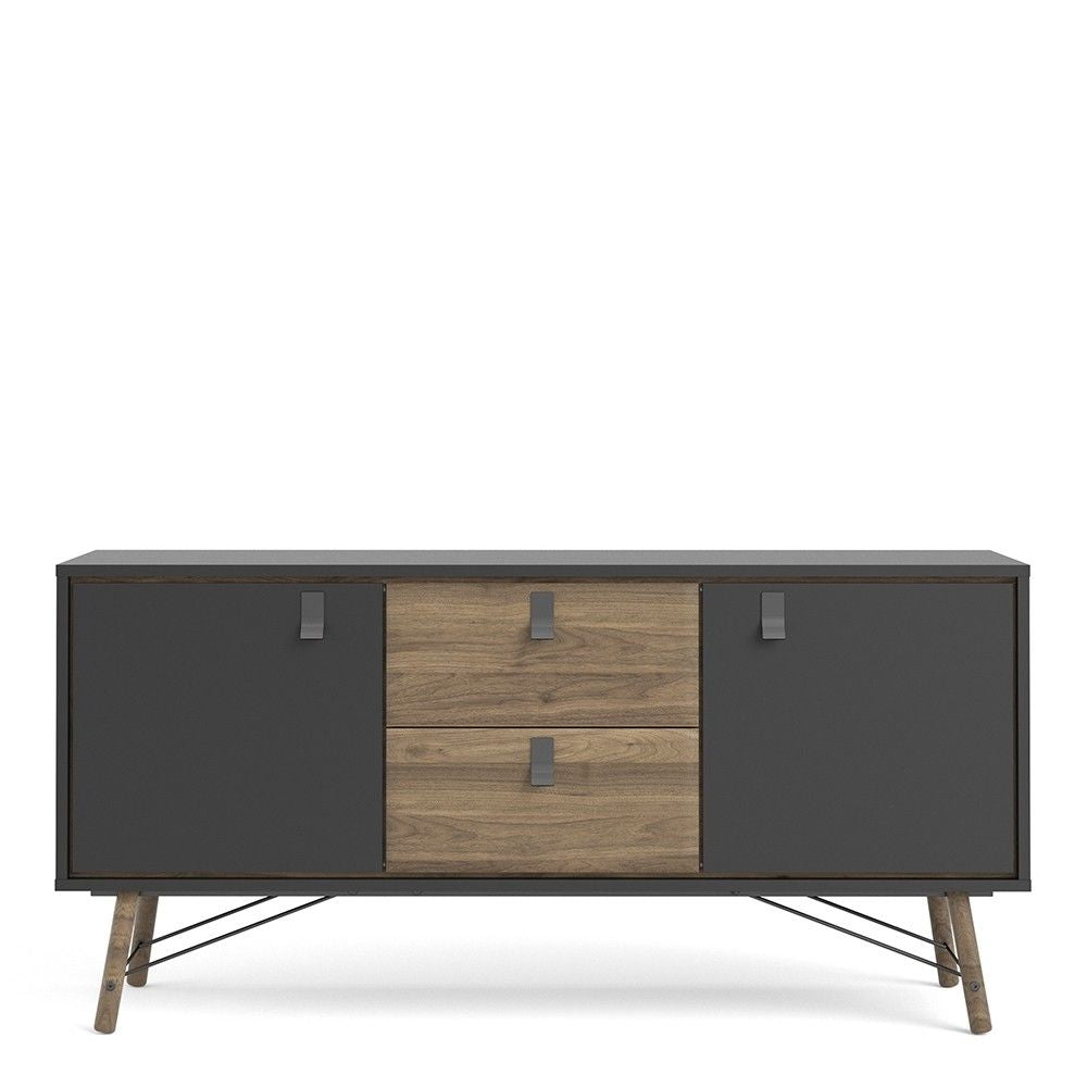 Wide Matt Black Walnut 2 Door 2 Drawer Sideboard With Black Handles