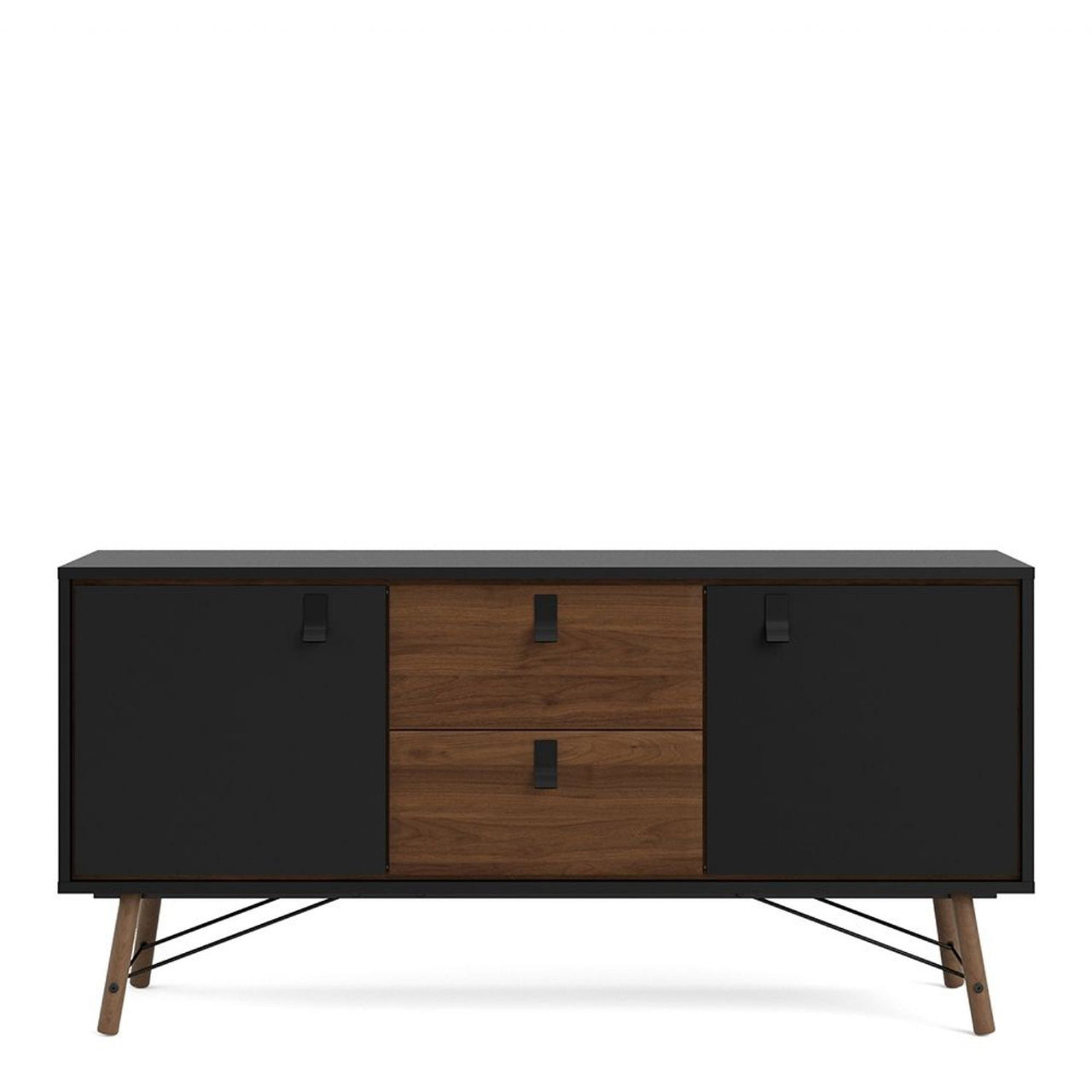 Wide Matt Black Walnut 2 Door 2 Drawer Sideboard With Black Handles