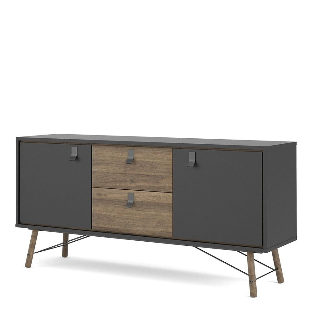 Wide Matt Black Walnut 2 Door 2 Drawer Sideboard With Black Handles