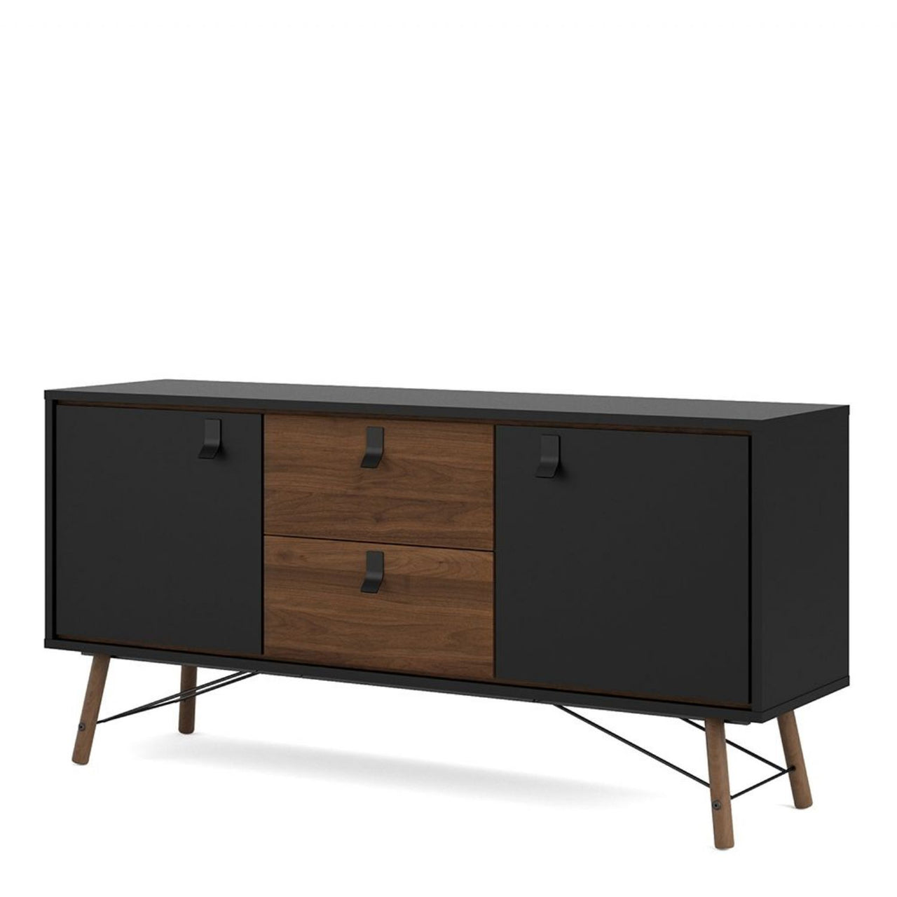 Wide Matt Black Walnut 2 Door 2 Drawer Sideboard With Black Handles