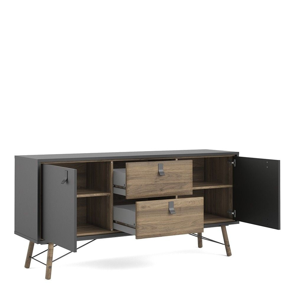 Wide Matt Black Walnut 2 Door 2 Drawer Sideboard With Black Handles