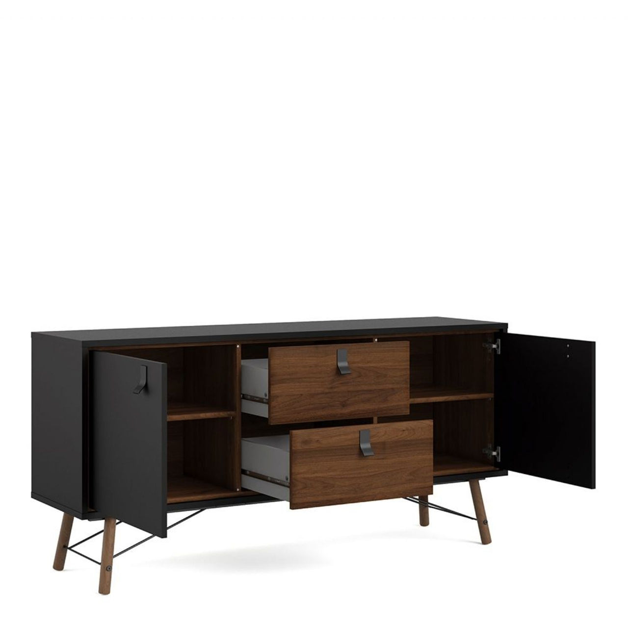 Wide Matt Black Walnut 2 Door 2 Drawer Sideboard With Black Handles