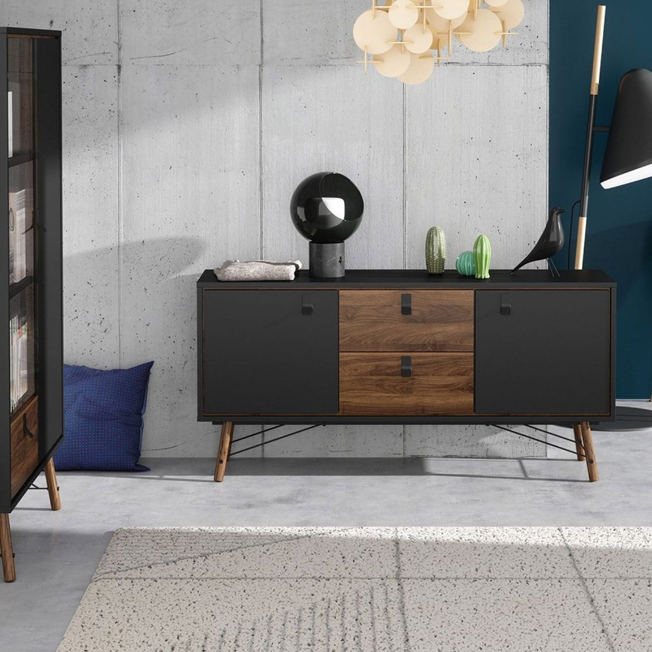 Wide Matt Black Walnut 2 Door 2 Drawer Sideboard With Black Handles