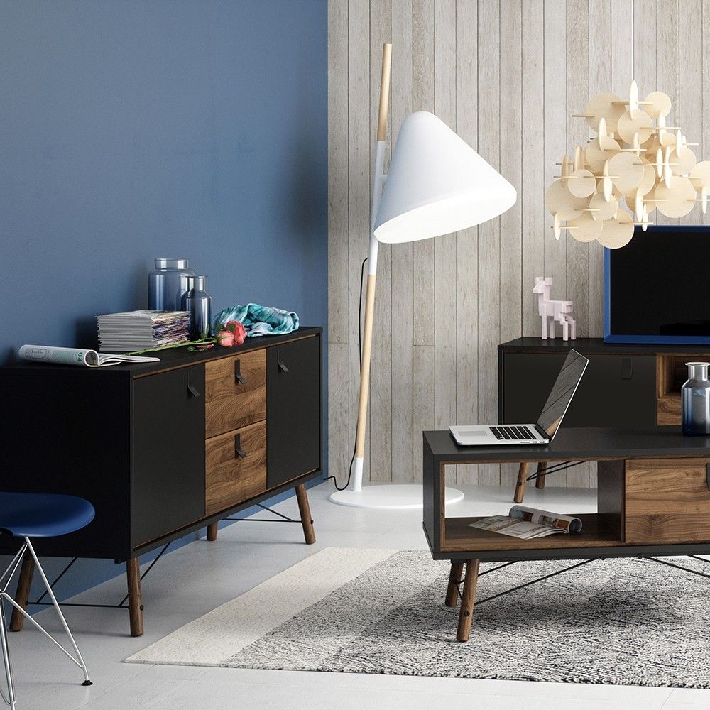 Wide Matt Black Walnut 2 Door 2 Drawer Sideboard With Black Handles