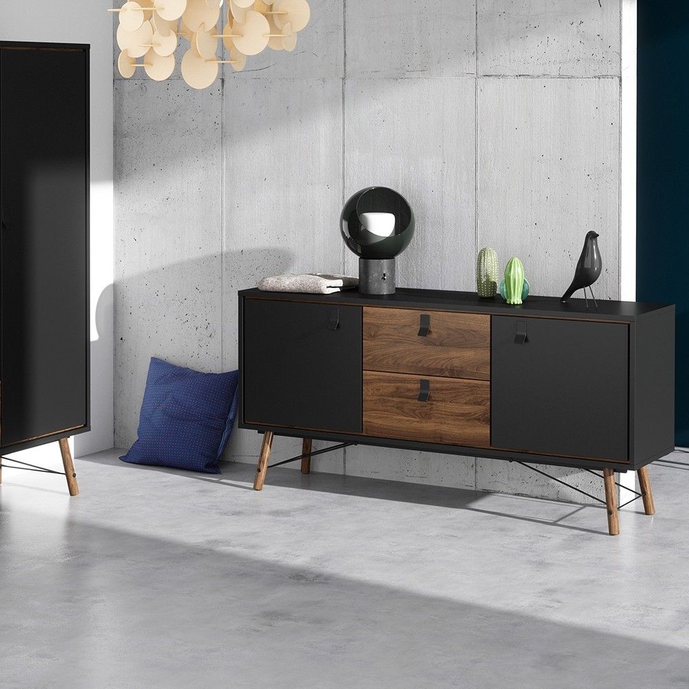 Wide Matt Black Walnut 2 Door 2 Drawer Sideboard With Black Handles