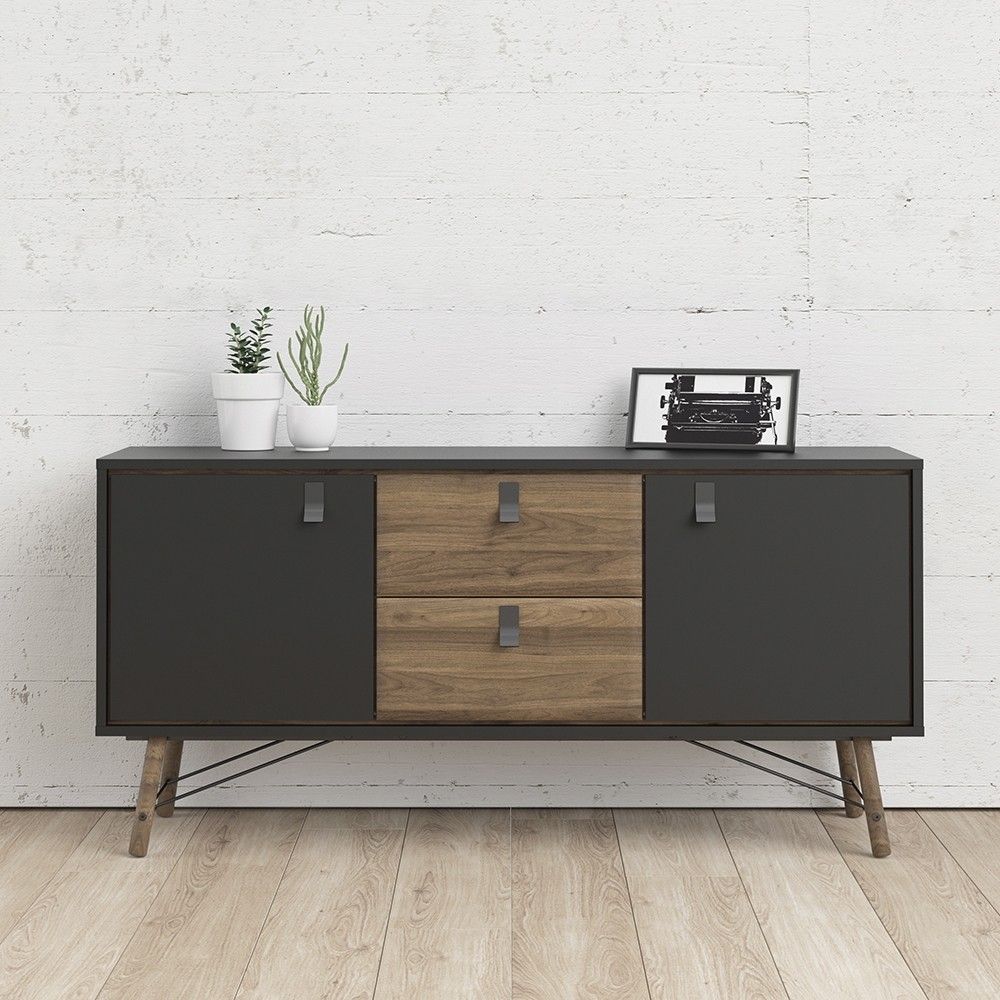 Wide Matt Black Walnut 2 Door 2 Drawer Sideboard With Black Handles