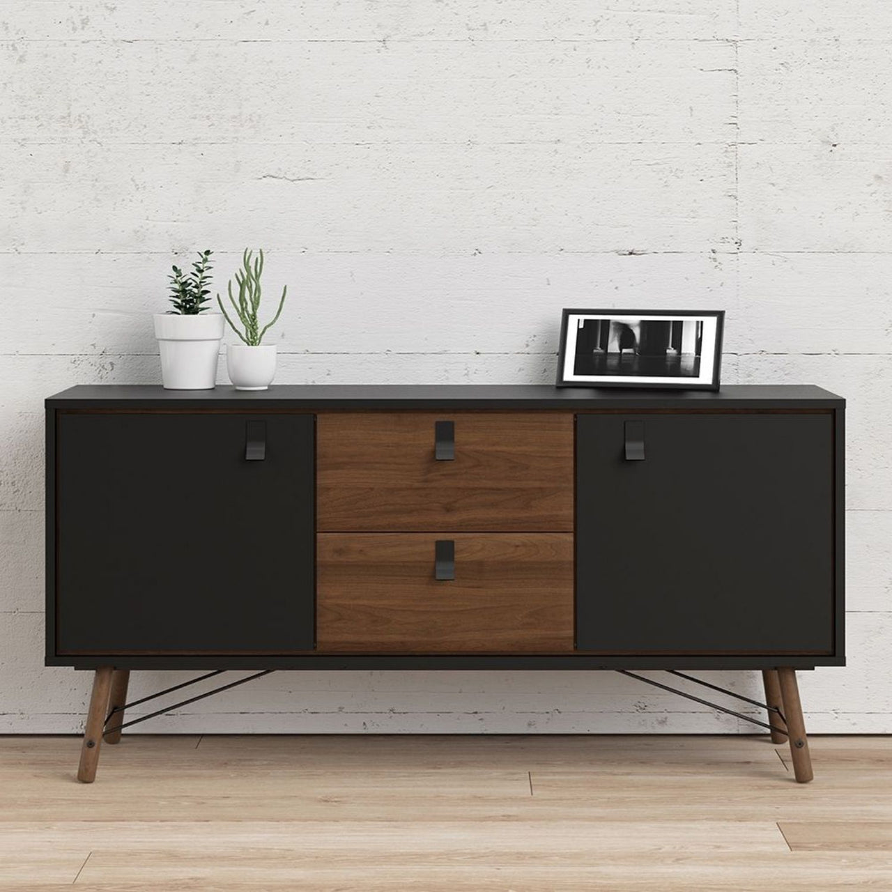 Wide Matt Black Walnut 2 Door 2 Drawer Sideboard With Black Handles