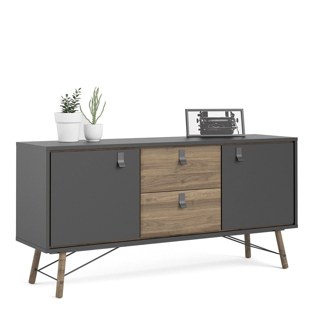 Wide Matt Black Walnut 2 Door 2 Drawer Sideboard With Black Handles