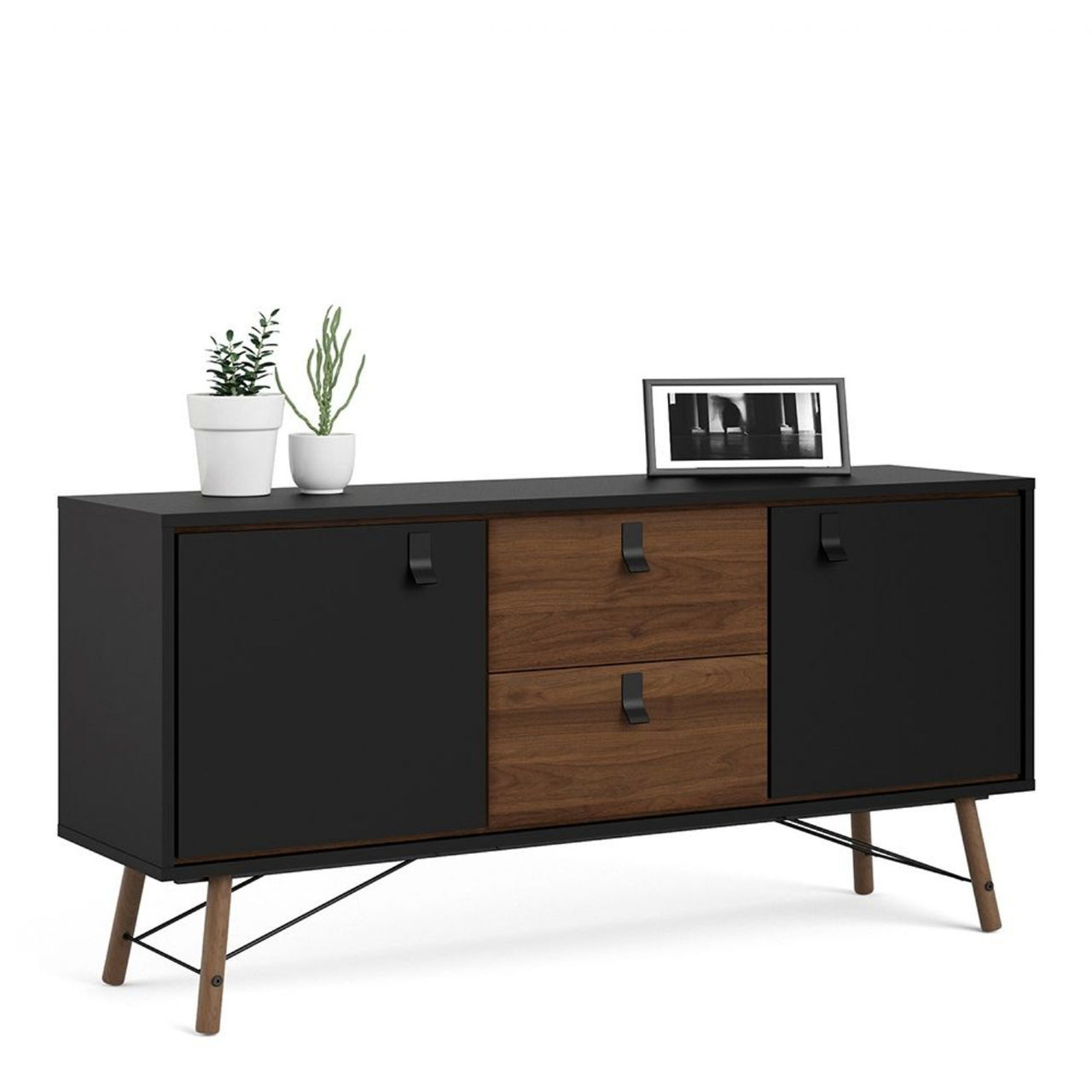 Wide Matt Black Walnut 2 Door 2 Drawer Sideboard With Black Handles