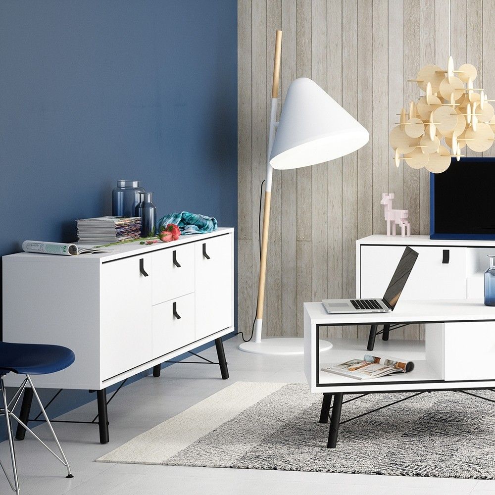 Matt White 2 Door And 2 Drawer Sideboard With Unique Black Handles