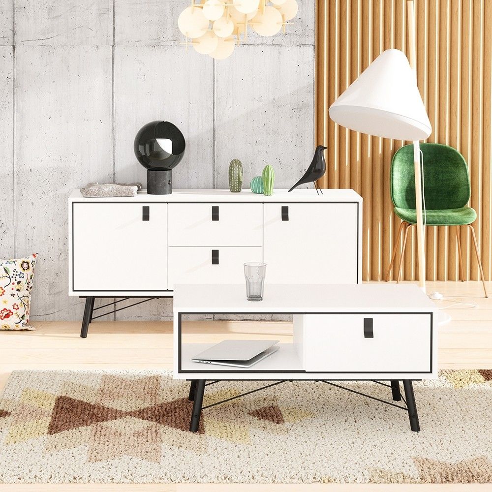 Matt White 2 Door And 2 Drawer Sideboard With Unique Black Handles