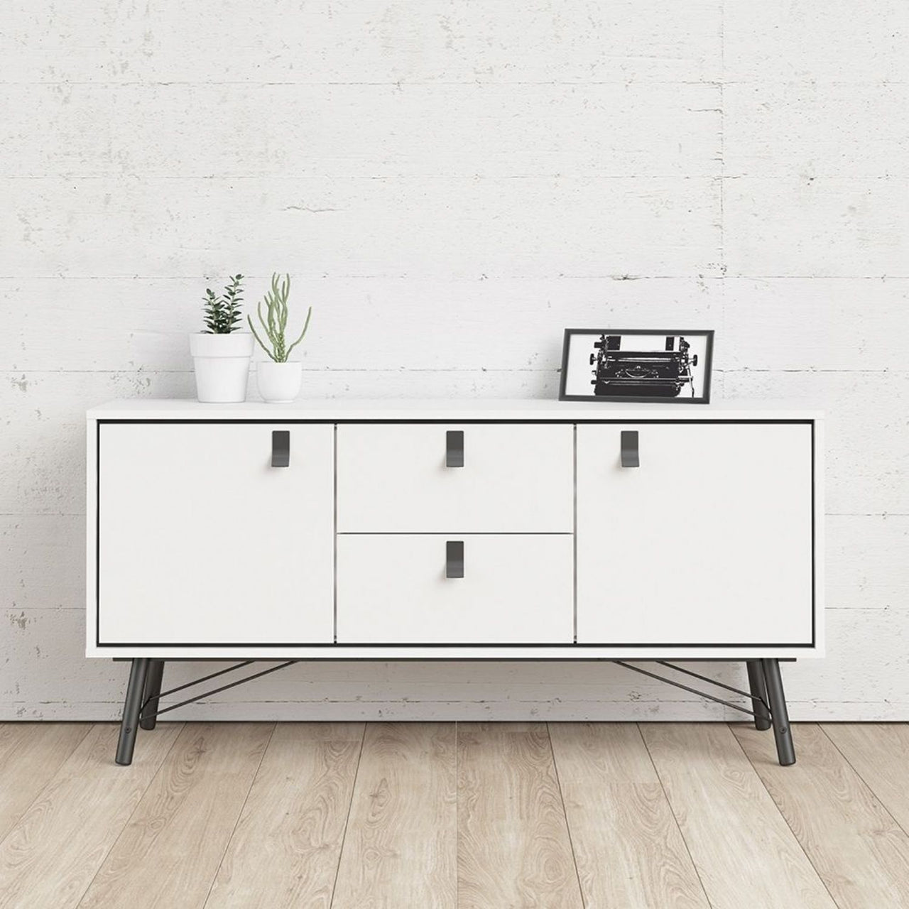 Matt White 2 Door And 2 Drawer Sideboard With Unique Black Handles