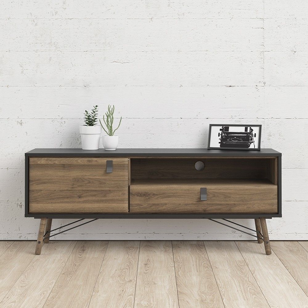 Matt Black Walnut 1 Door 1 Drawer TV Media Unit