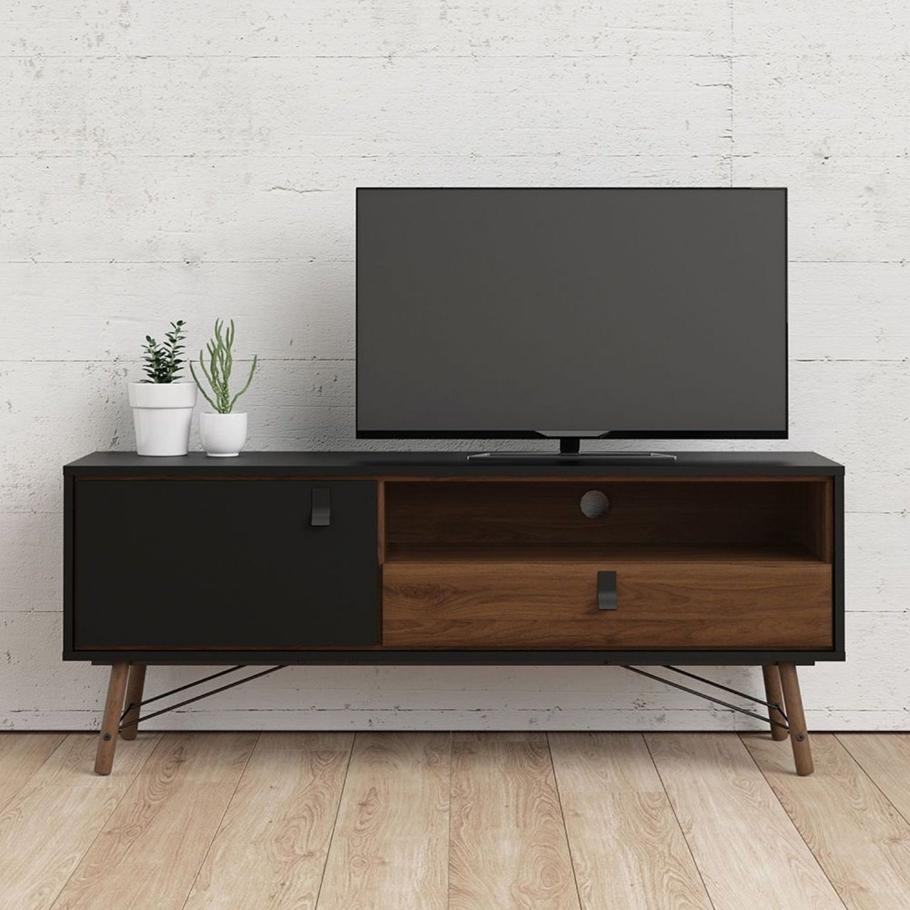 Matt Black Walnut 1 Door 1 Drawer TV Media Unit