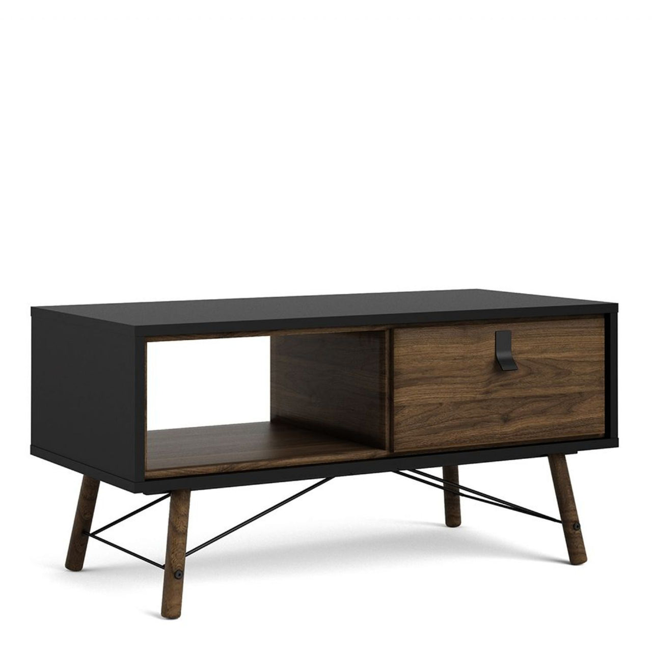 Matt Black Walnut 1 Drawer Coffee Table With Shelf