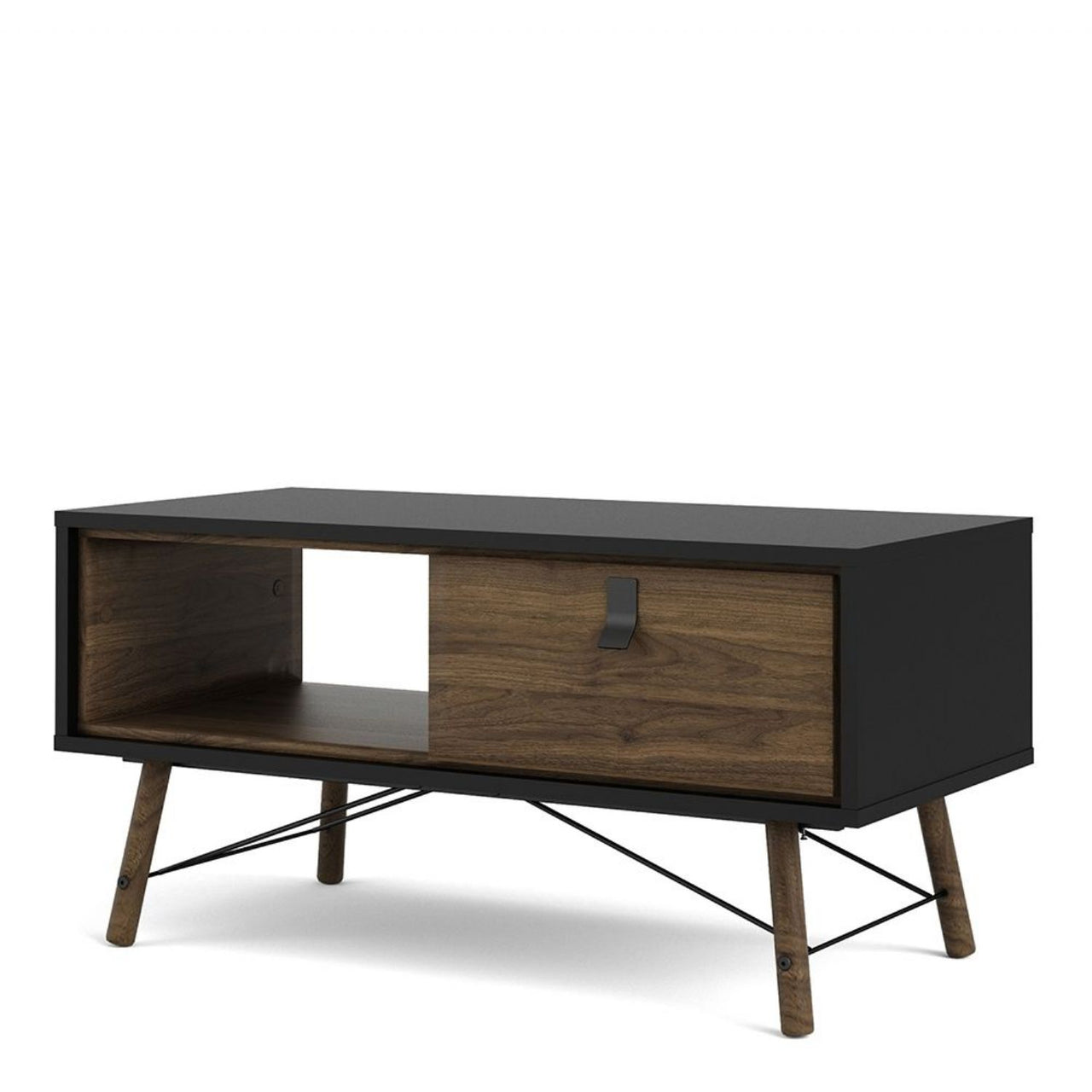 Matt Black Walnut 1 Drawer Coffee Table With Shelf